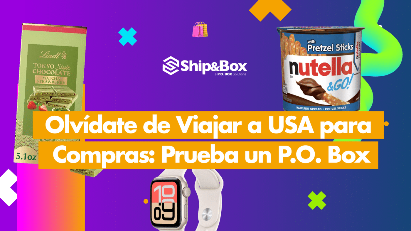 Banner informativo con el texto "Olvídate de viajar a USA para compras: Prueba un P.O. Box" de Ship&Box.