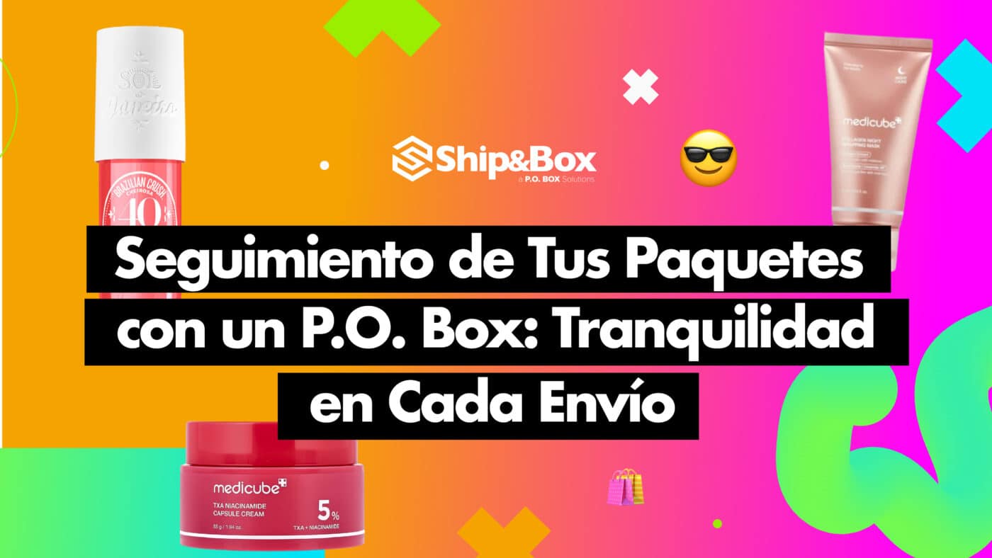 Miniatura publicitaria para el seguimiento de paquetes con Ship&Box, mostrando cajas y texto informativo.